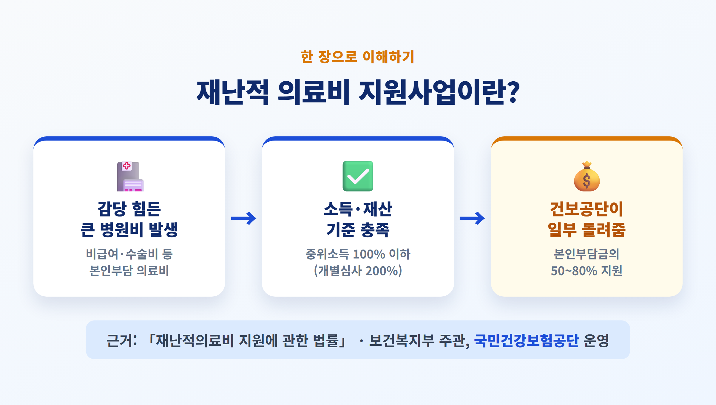 재난적 의료비 지원사업이란 - 큰 병원비 발생부터 국가가 일부 돌려주기까지 구조도