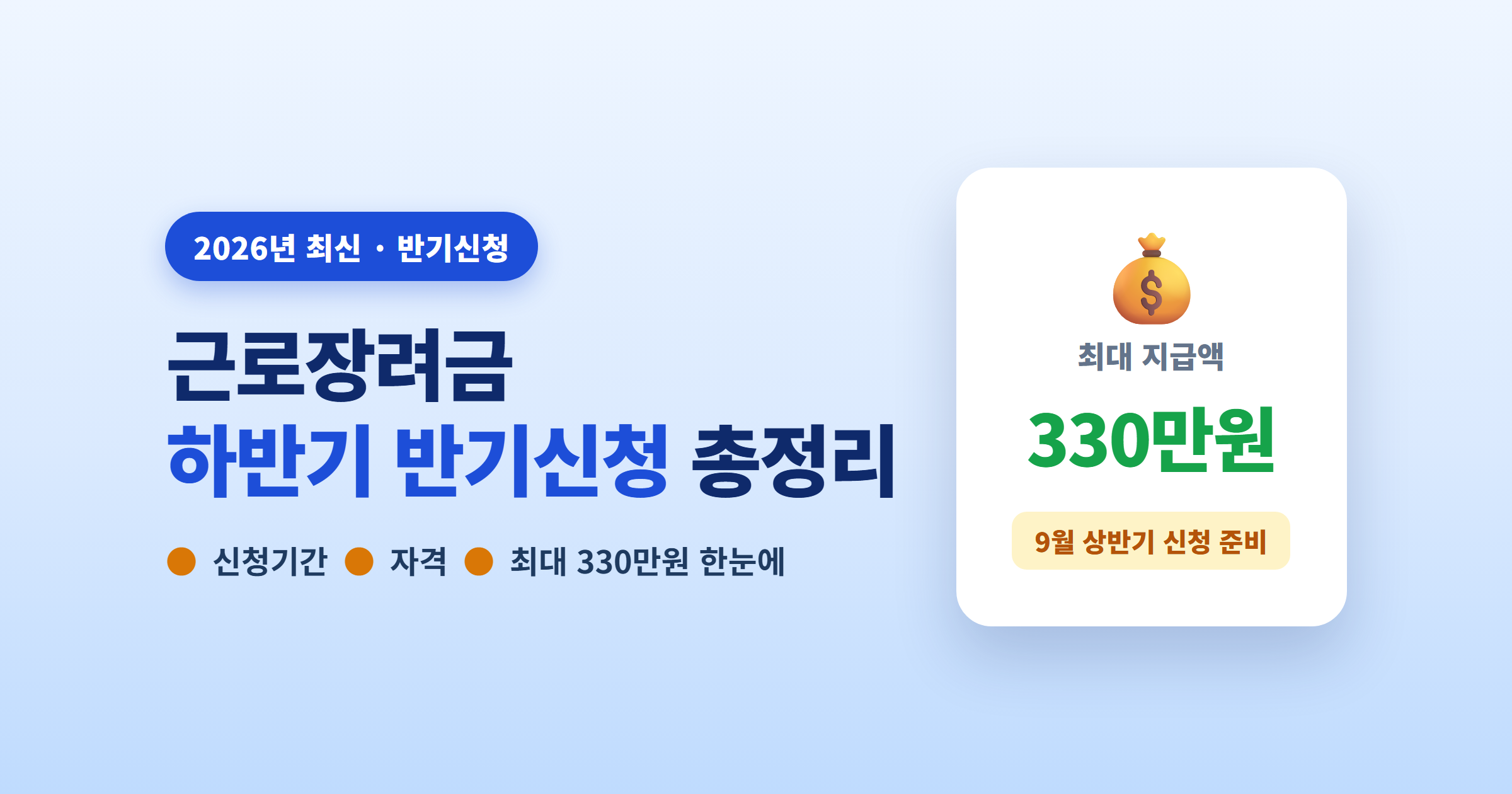 근로장려금 하반기 반기신청 총정리 — 신청기간·자격·최대 330만원까지 (2026년 최신)
